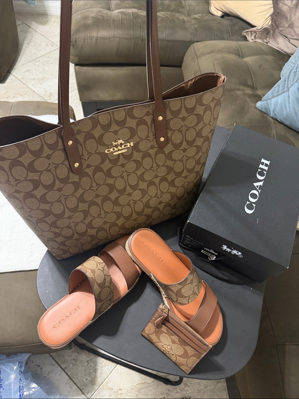 Coach Brown Signature Logo Canvas Tote with Leather Straps/Coach Sandals/wallet